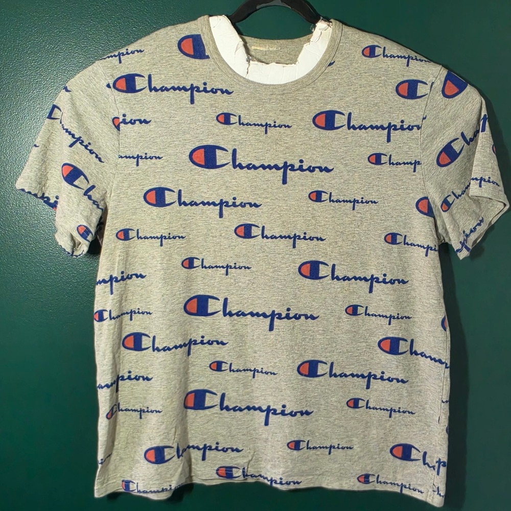 Champion Mens All Over Print Script Logo T-Shirt Heather Gray Short Sleeve XL